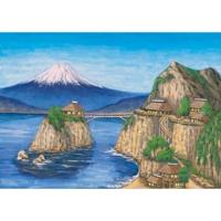 崖の上の古民家と富士山(銭湯画)